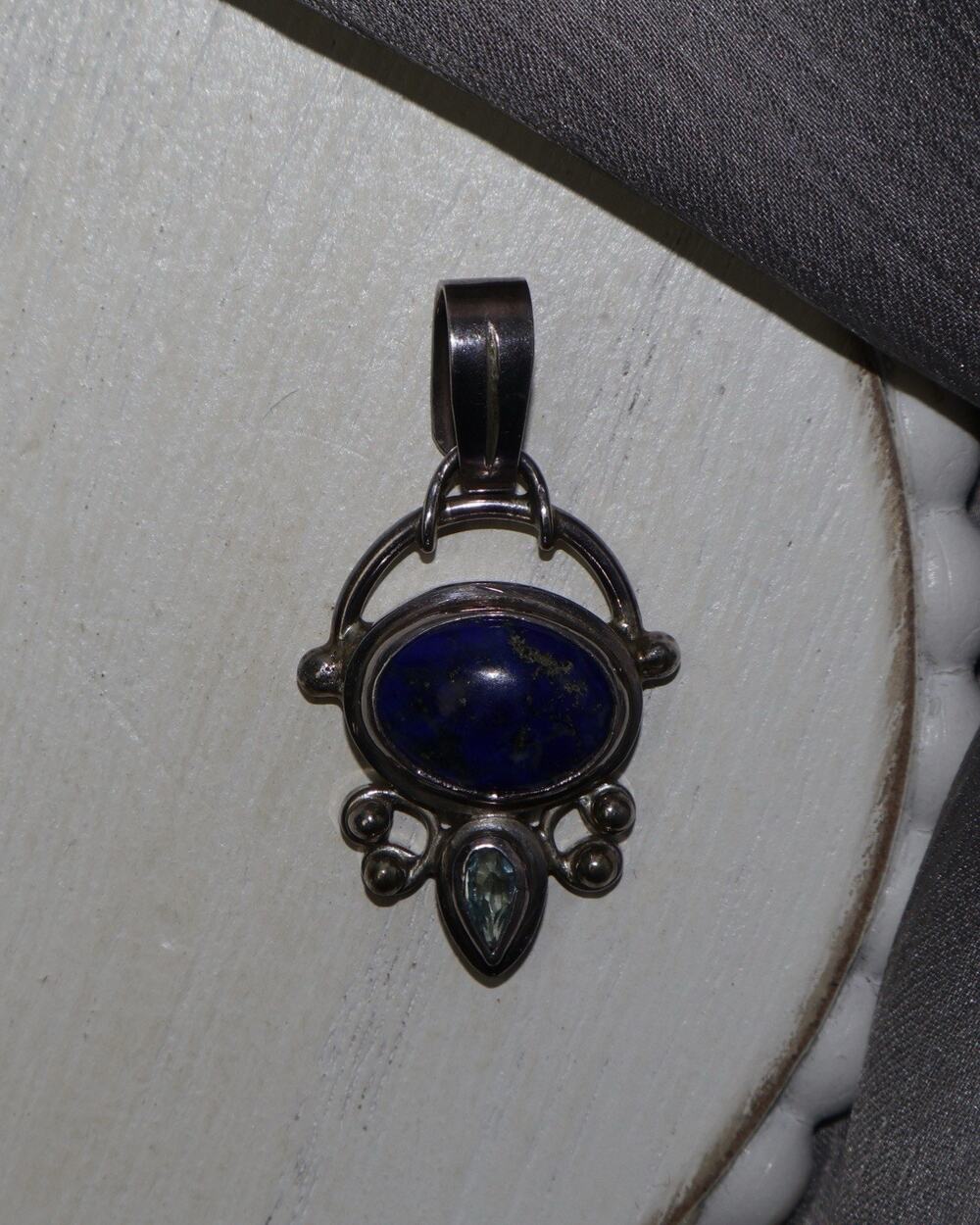 Vintage Sterling Silver Lapis & Topaz Pendant 7.77G / 1.5in